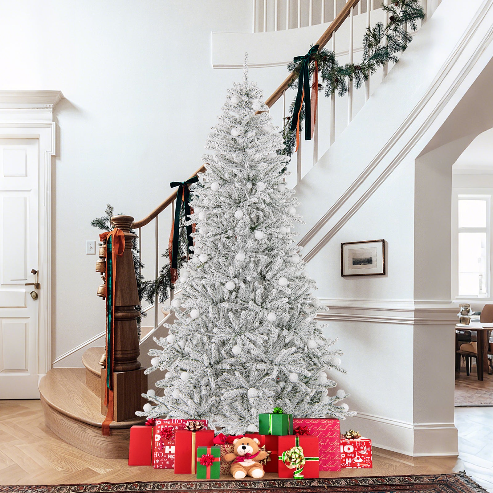 7 Feet Snow-flocked Artificial Christmas Tree Pre-lit Hinged with 81 Sphere Lights and Remote-7ft