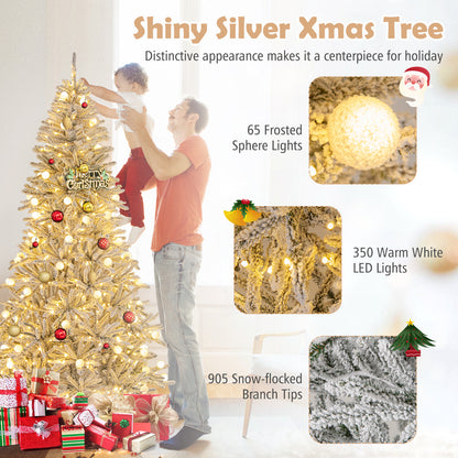 7 Feet Snow-flocked Artificial Christmas Tree Pre-lit Hinged with 81 Sphere Lights and Remote-7ft