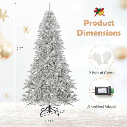 7 Feet Snow-flocked Artificial Christmas Tree Pre-lit Hinged with 81 Sphere Lights and Remote-7ft