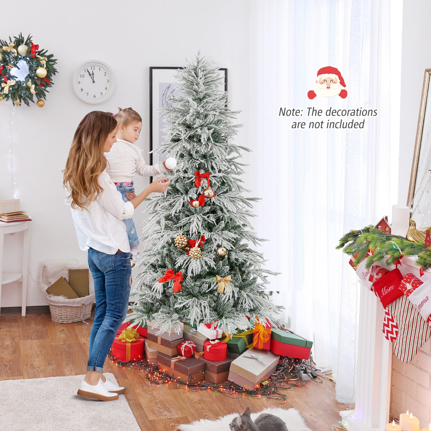 7 Feet Snow-flocked Artificial Christmas Tree Pre-lit Hinged Xmas Tree with Warm White LED Lights