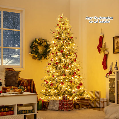 7 Feet Snow-flocked Artificial Christmas Tree Pre-lit Hinged Xmas Tree with Warm White LED Lights