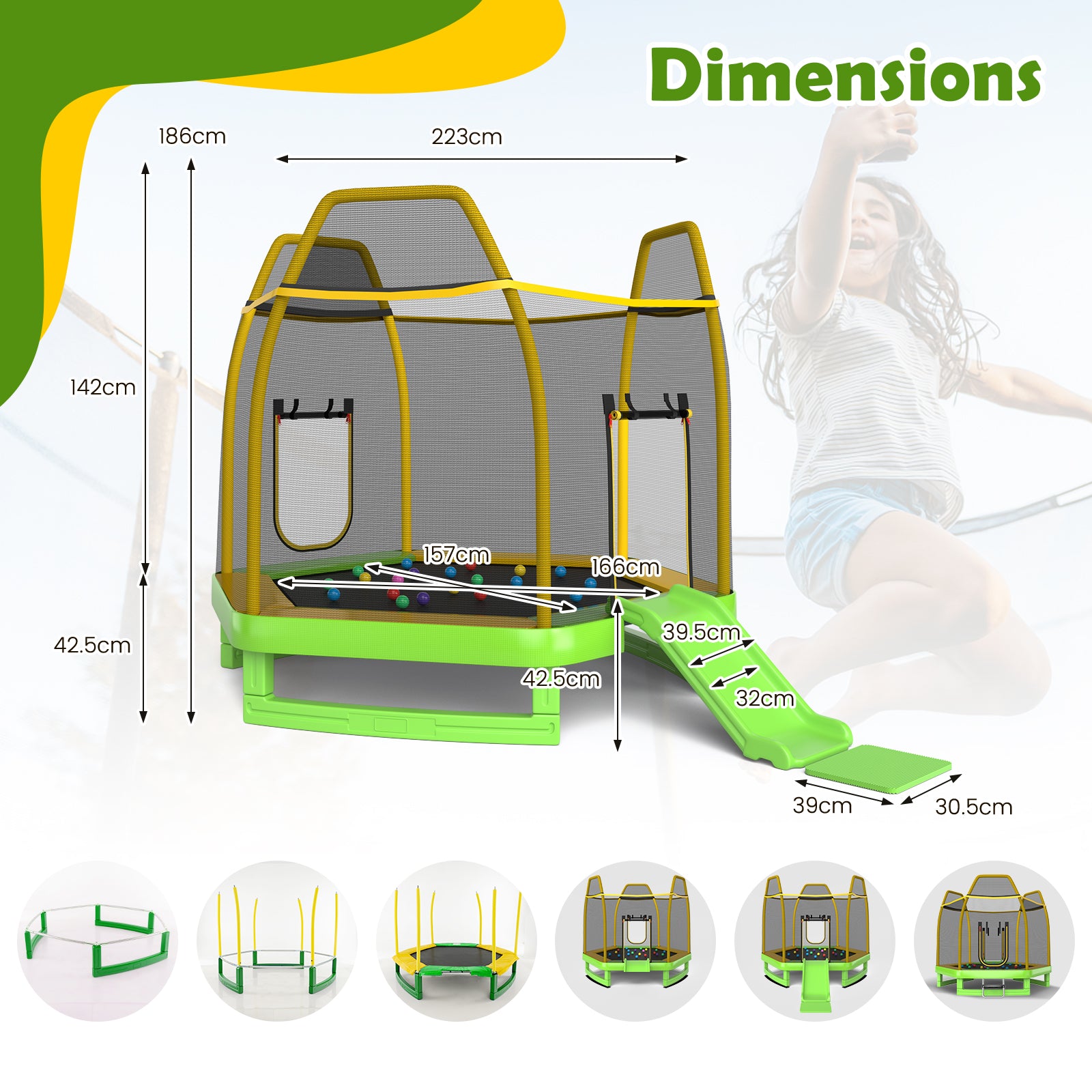 7 Feet Trampoline with Ladder and Slide for Indoor and Outdoor-Blue - Green