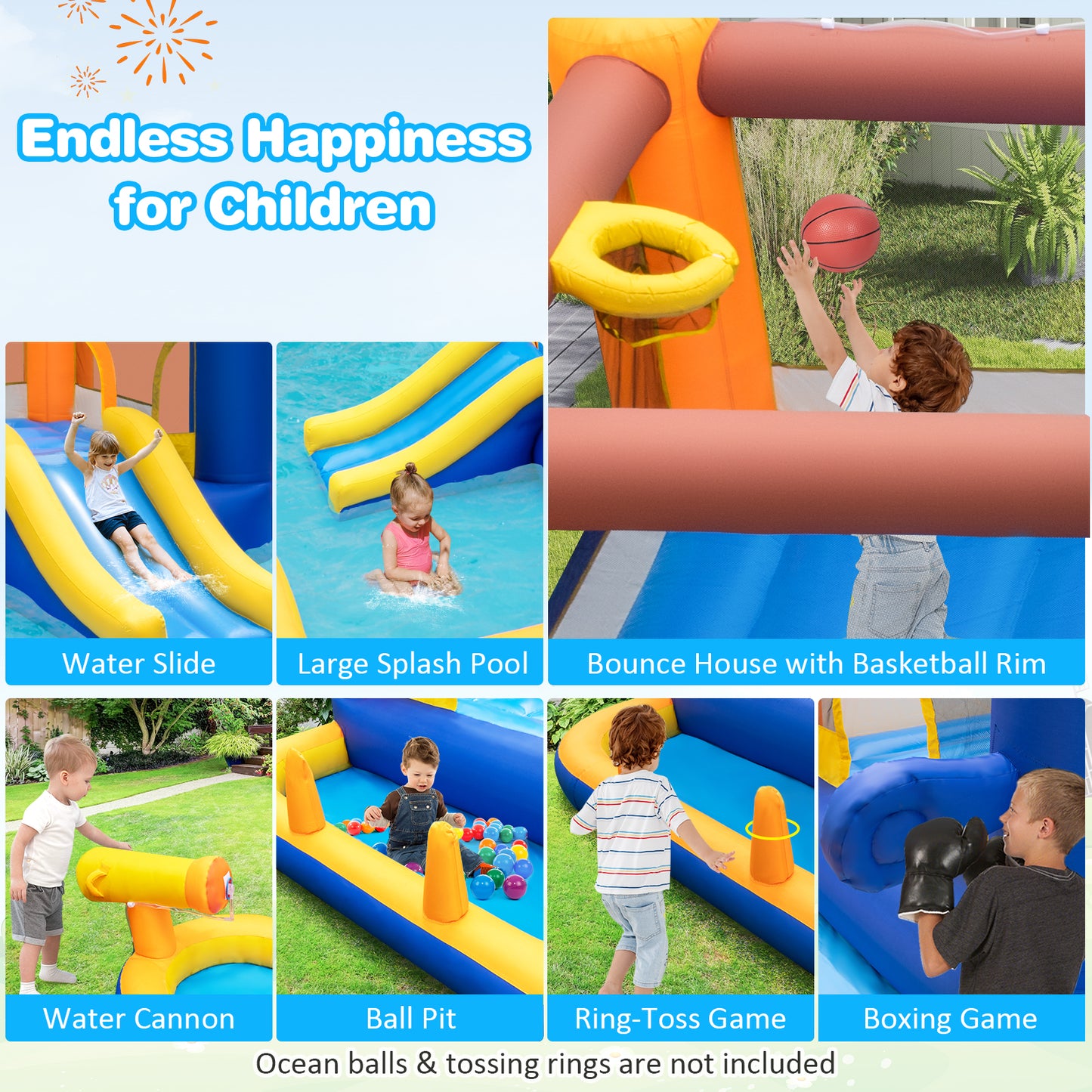 7-In-1 Water Slide Park with Splash Pool and Water Cannon with 680W Blower