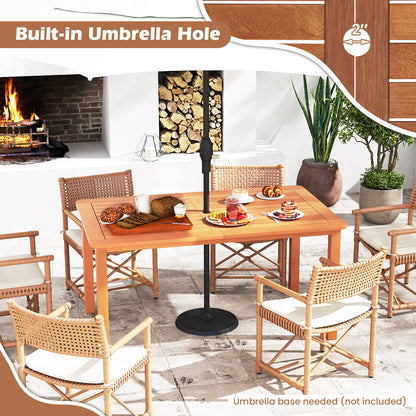 7 Pcs Outdoor Dining Set Teak Oil Finish Slatted Rectangular Dining Table and 6 Armchairs