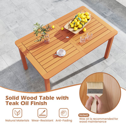 7 Pcs Outdoor Dining Set Teak Oil Finish Slatted Rectangular Dining Table and 6 Armchairs