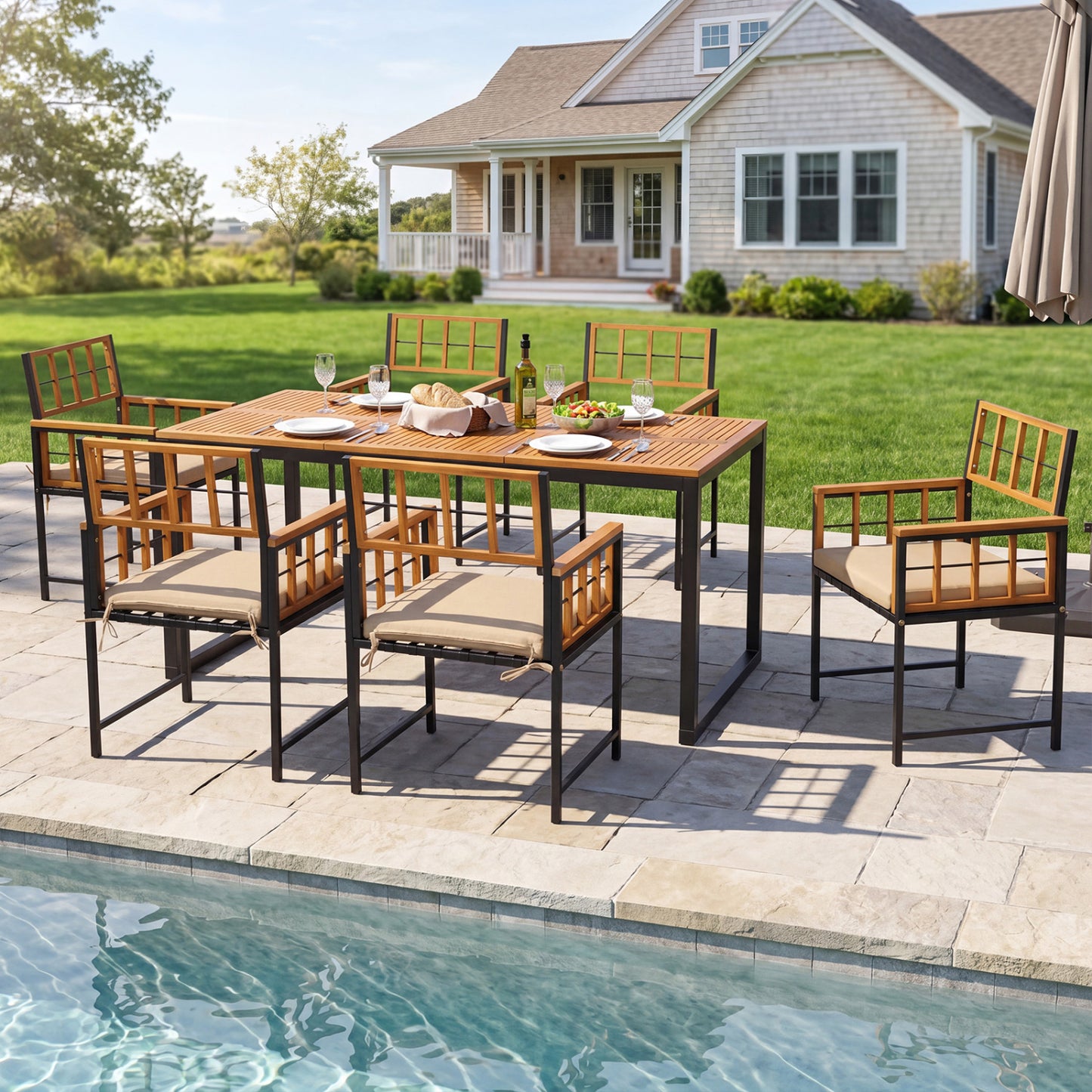 7-Piece Outdoor Dining Set with Acacia Wood Table & Chairs