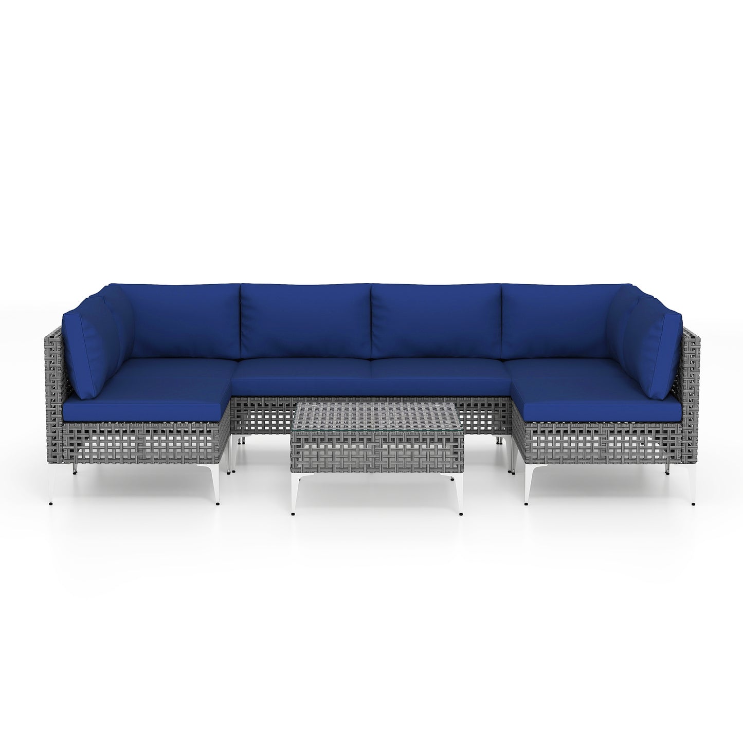 7 Piece Outdoor Furniture Set Wicker Chairs with Tempered Glass Coffee Table-Navy
