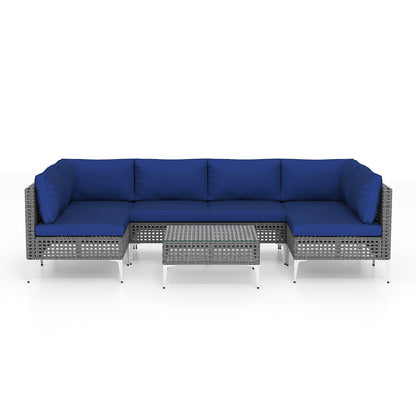 7 Piece Outdoor Furniture Set Wicker Chairs with Tempered Glass Coffee Table-Navy