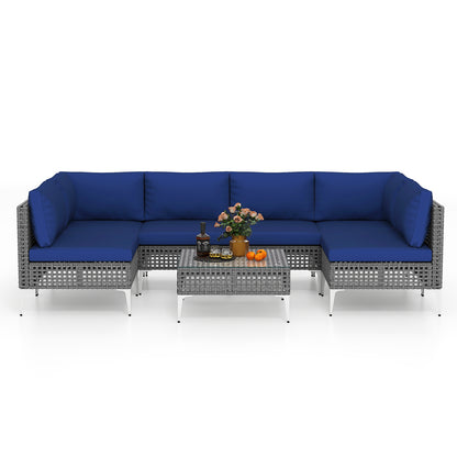 7 Piece Outdoor Furniture Set Wicker Chairs with Tempered Glass Coffee Table-Navy