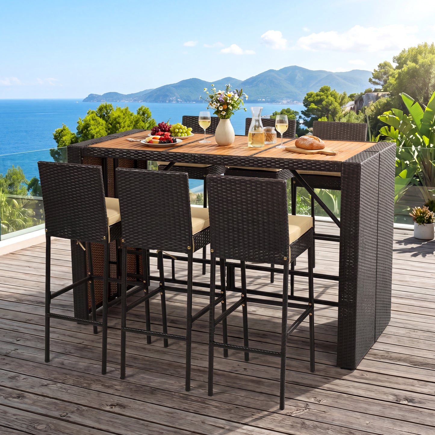 7-Piece Outdoor Wicker Bar Set with Acacia Wood Table & Stools