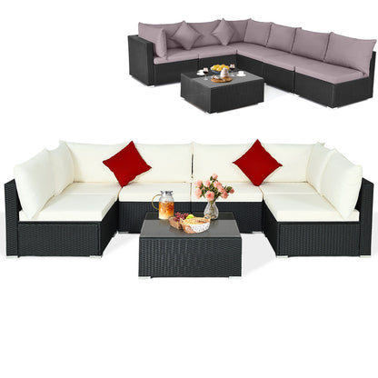 7 Pieces Sectional Wicker Furniture Sofa Set with Tempered Glass Top-Red - Gray & Off White