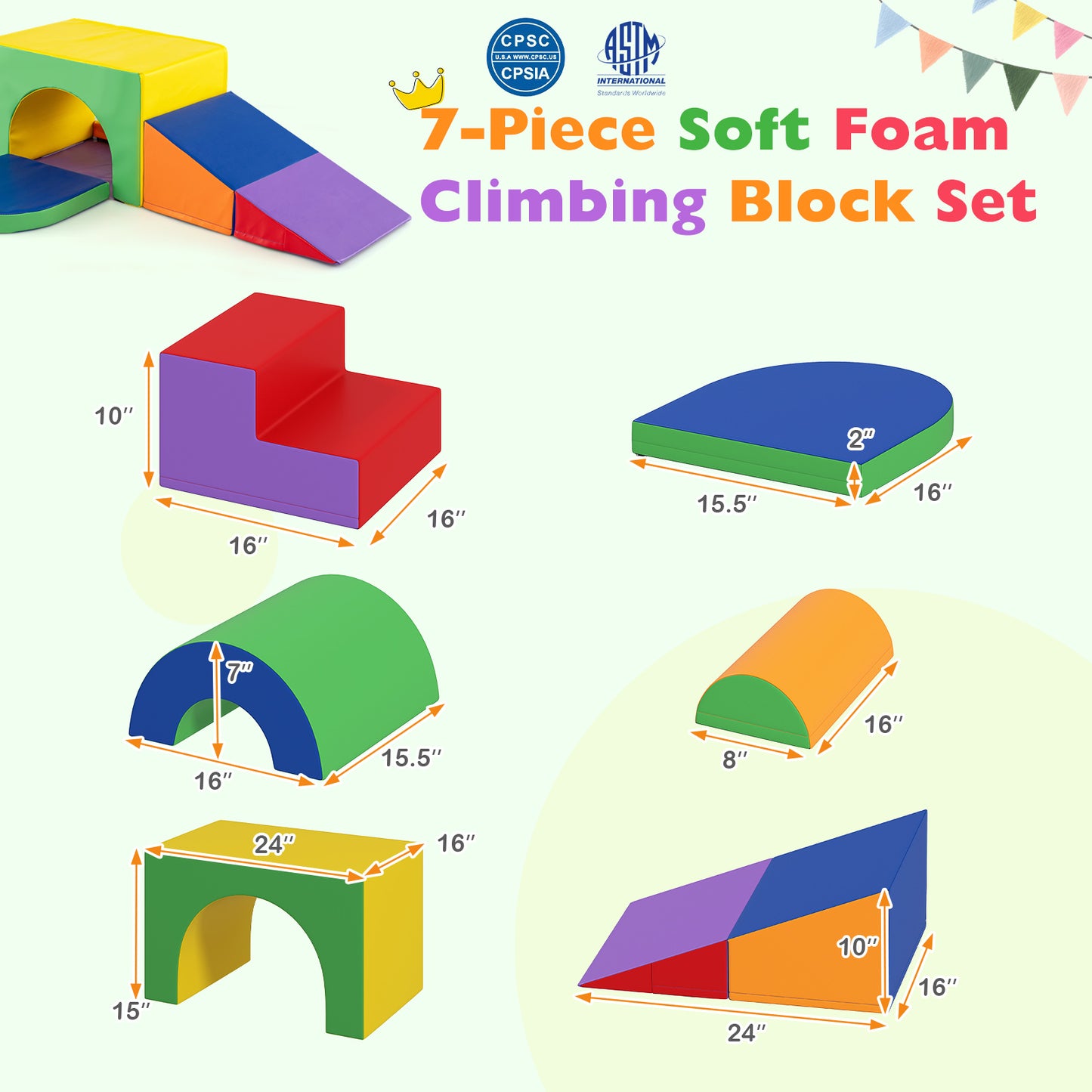 7-Piece Soft Foam Toddler Climbing Blocks Set PU Leather for 1+ Year Old-Yellow