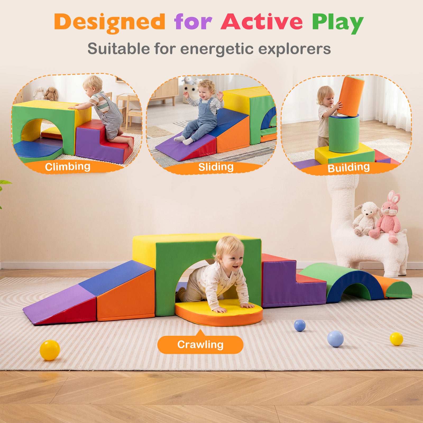 7-Piece Soft Foam Toddler Climbing Blocks Set PU Leather for 1+ Year Old-Yellow