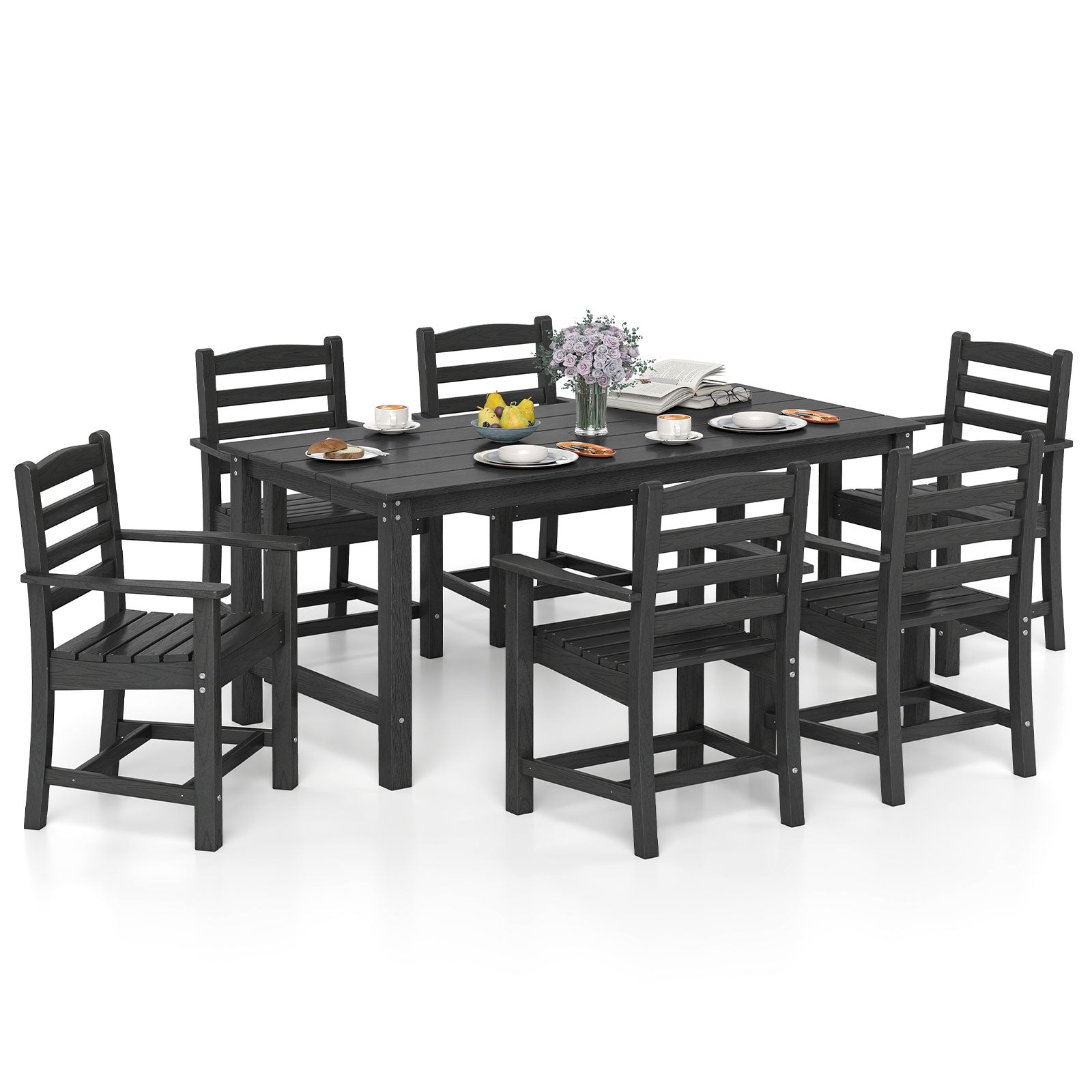 7 Pieces Outdoor Dining Table Set for 6 People 67 Inch HDPE Patio Rectangle Table and 6 Armchairs-Black