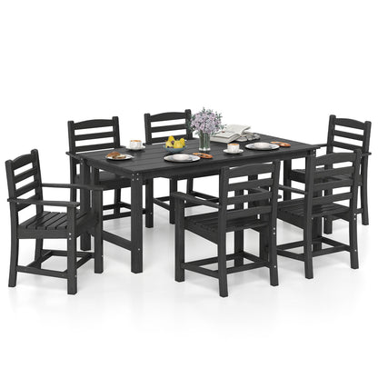 7 Pieces Outdoor Dining Table Set for 6 People 67 Inch HDPE Patio Rectangle Table and 6 Armchairs-Black