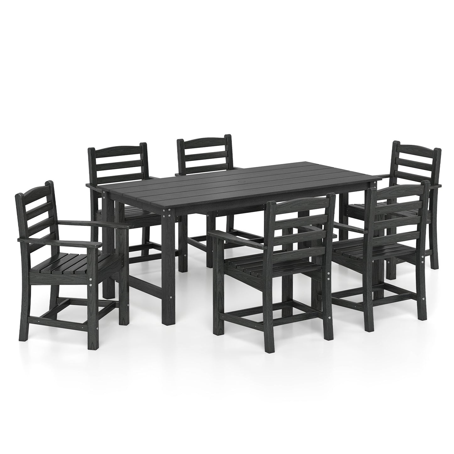 7 Pieces Outdoor Dining Table Set for 6 People 67 Inch HDPE Patio Rectangle Table and 6 Armchairs-Black