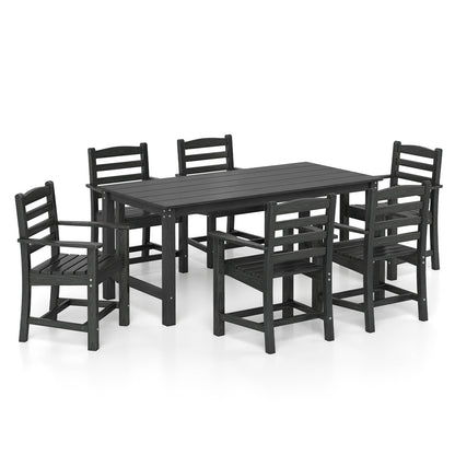 7 Pieces Outdoor Dining Table Set for 6 People 67 Inch HDPE Patio Rectangle Table and 6 Armchairs-Black