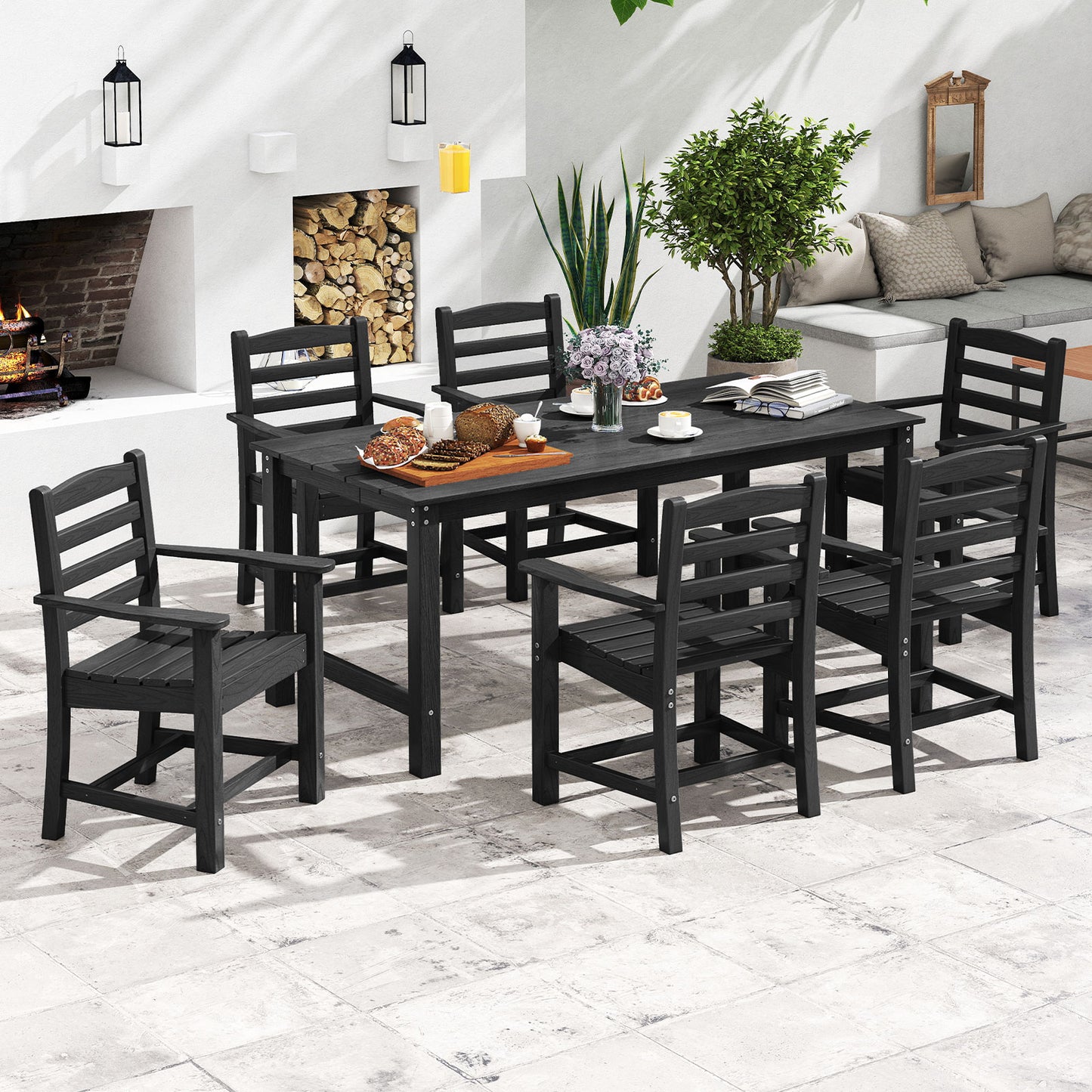 7 Pieces Outdoor Dining Table Set for 6 People 67 Inch HDPE Patio Rectangle Table and 6 Armchairs-Black