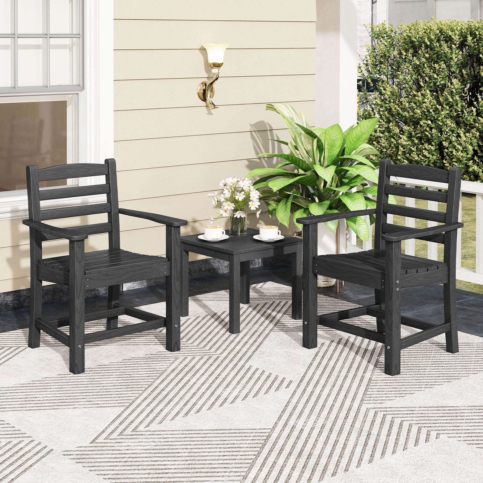 7 Pieces Outdoor Dining Table Set for 6 People 67 Inch HDPE Patio Rectangle Table and 6 Armchairs-Black