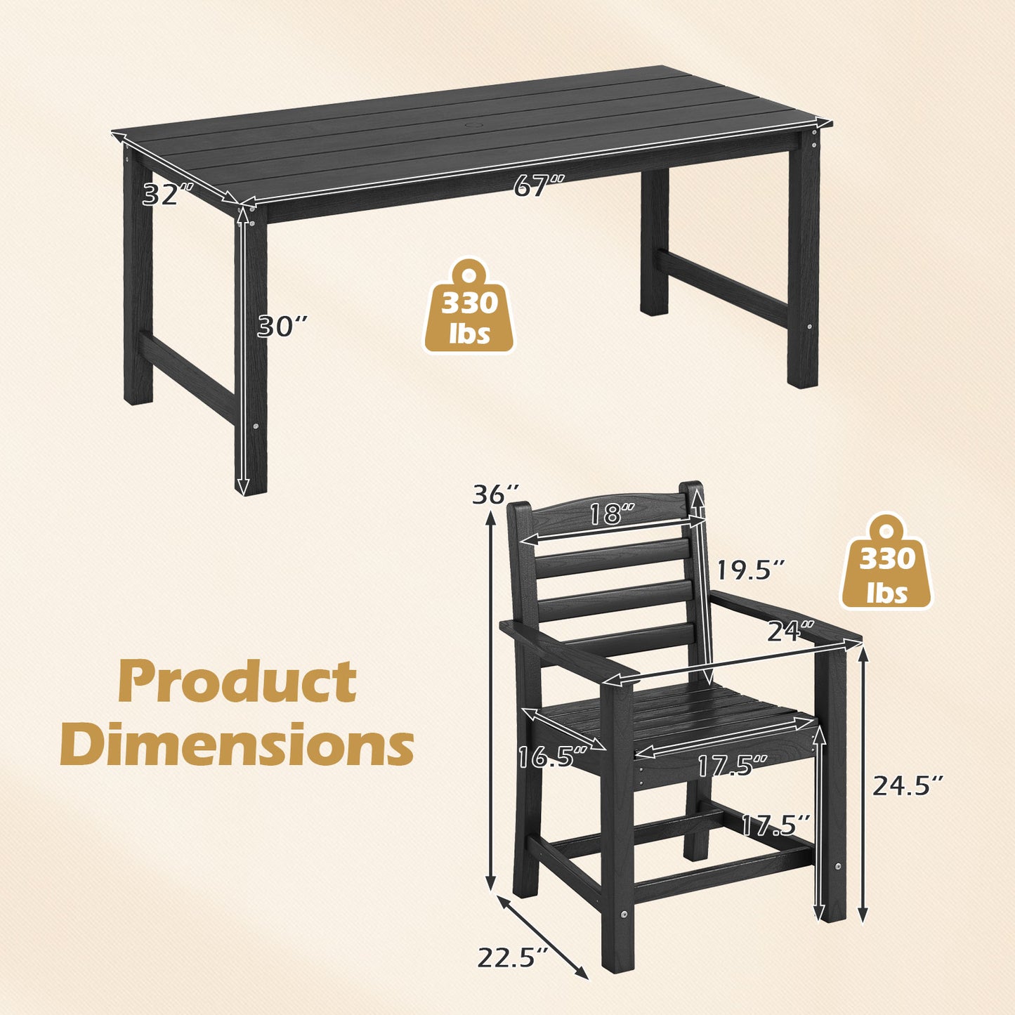 7 Pieces Outdoor Dining Table Set for 6 People 67 Inch HDPE Patio Rectangle Table and 6 Armchairs-Black
