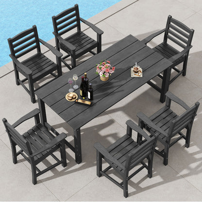 7 Pieces Outdoor Dining Table Set for 6 People 67 Inch HDPE Patio Rectangle Table and 6 Armchairs-Black