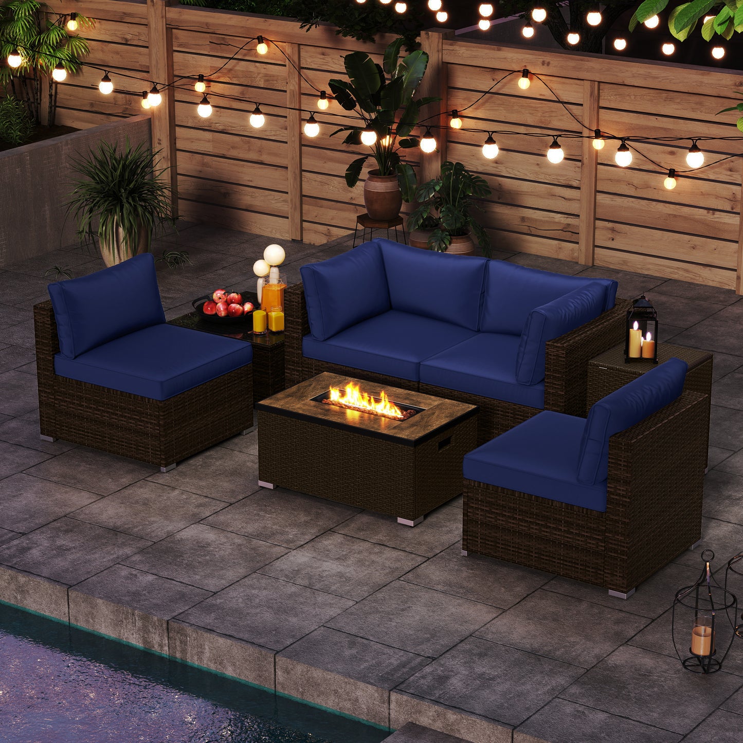 7 Pieces Outdoor Furniture Set with 32 Inch Fire Pit Table and Propane Tank Cover-Navy