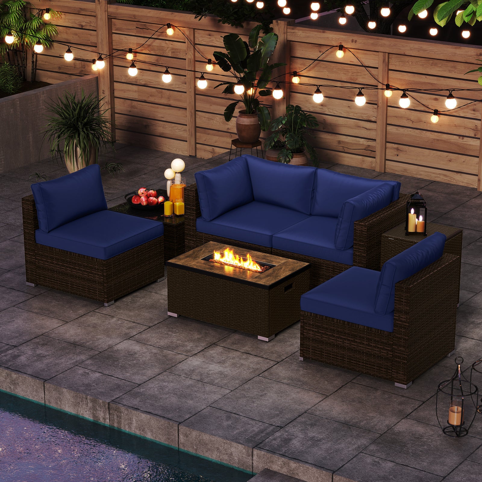 7 Pieces Outdoor Furniture Set with 32 Inch Fire Pit Table and Propane Tank Cover-Navy