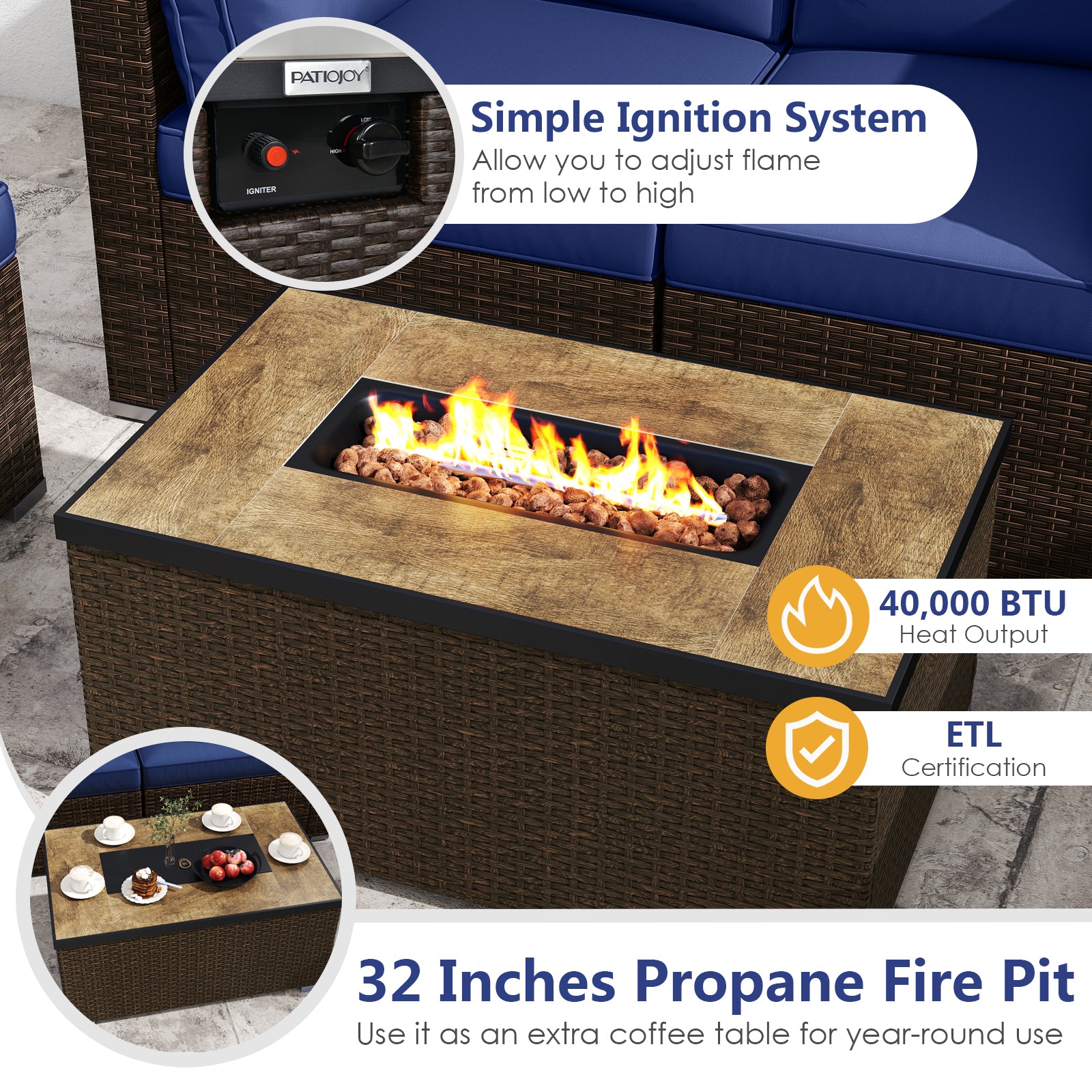 7 Pieces Outdoor Furniture Set with 32 Inch Fire Pit Table and Propane Tank Cover-Navy