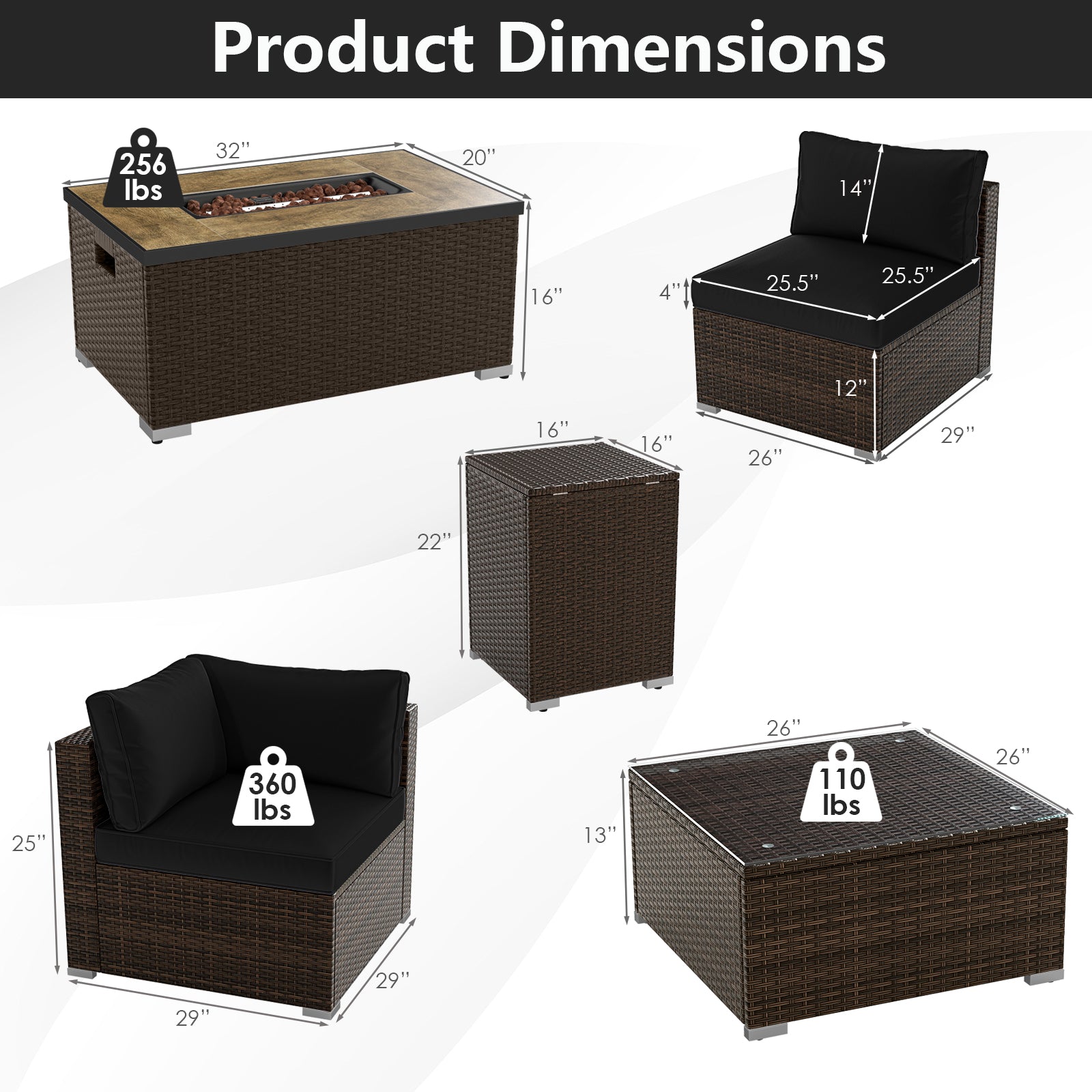 7 Pieces Outdoor Furniture Set with 32 Inch Fire Pit Table and Propane Tank Cover-Black