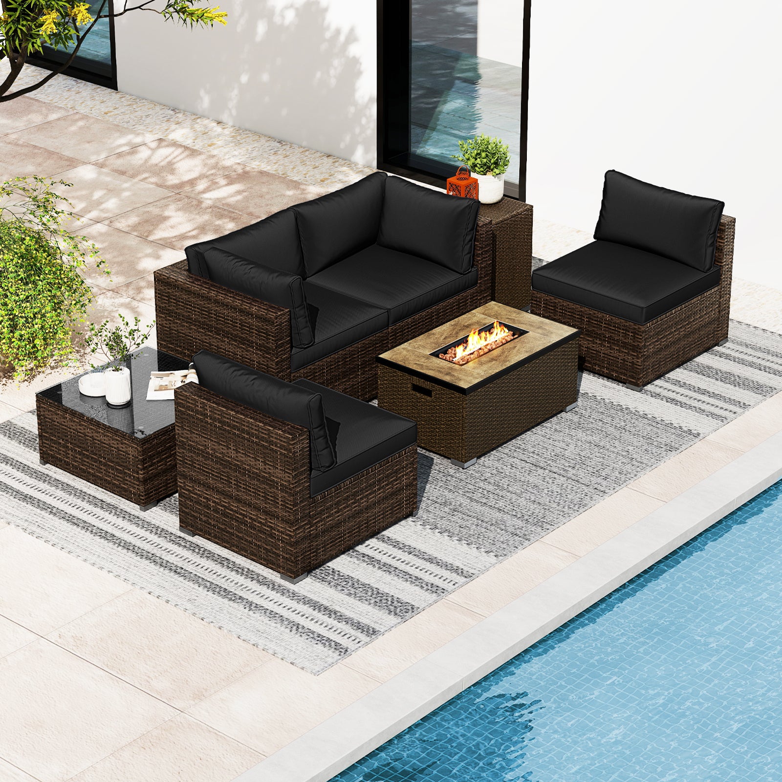 7 Pieces Outdoor Furniture Set with 32 Inch Fire Pit Table and Propane Tank Cover-Black