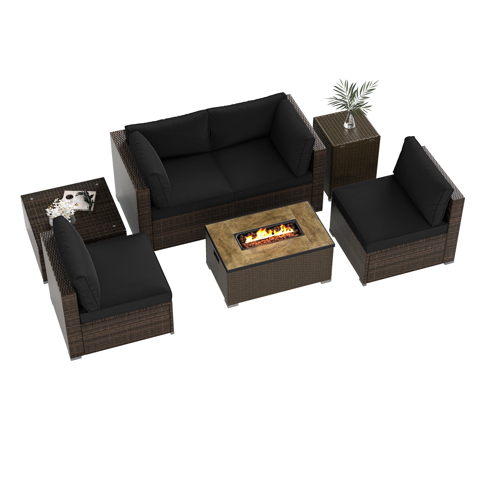 7 Pieces Outdoor Furniture Set with 32 Inch Fire Pit Table and Propane Tank Cover-Black