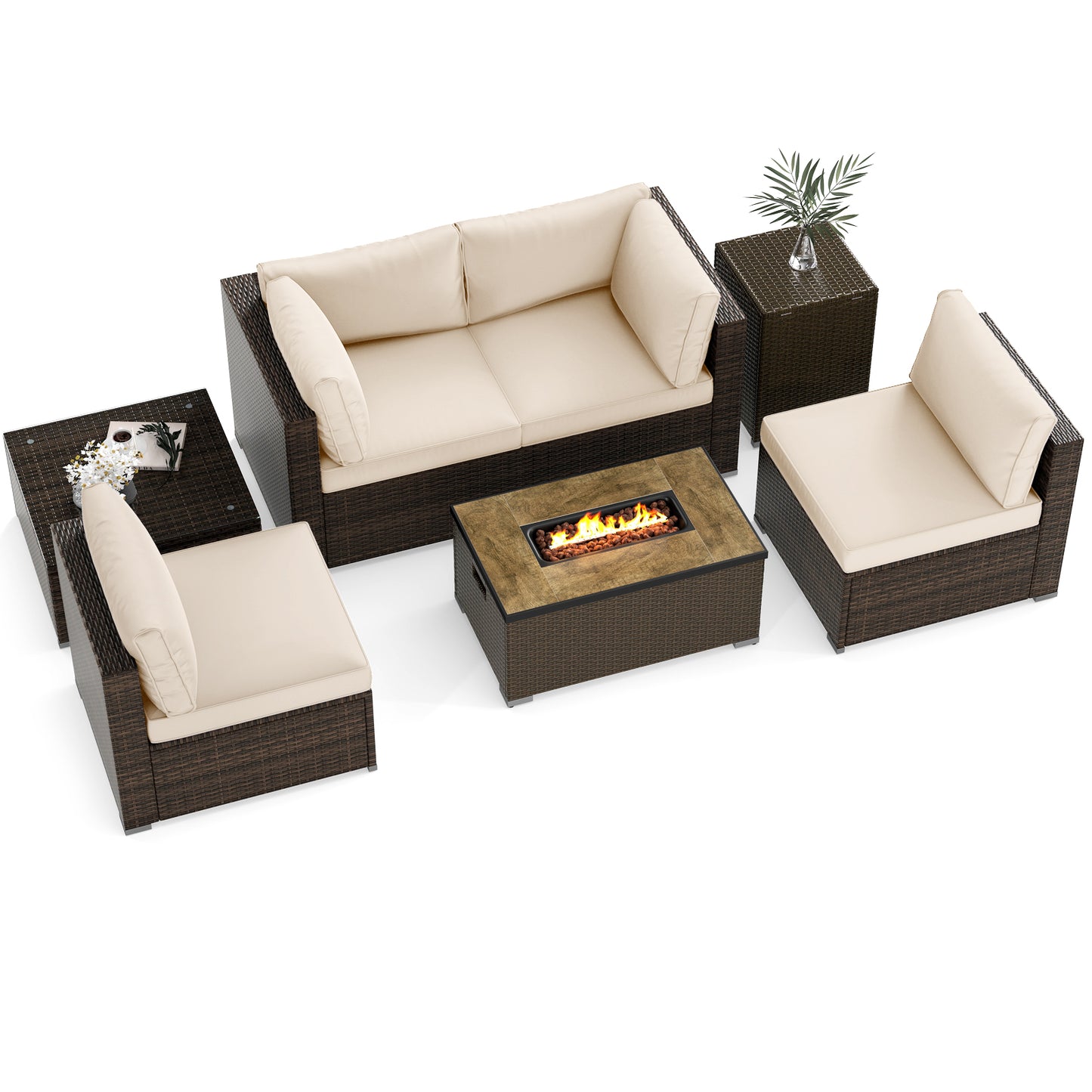 7 Pieces Outdoor Furniture Set with 32 Inch Fire Pit Table and Propane Tank Cover-White