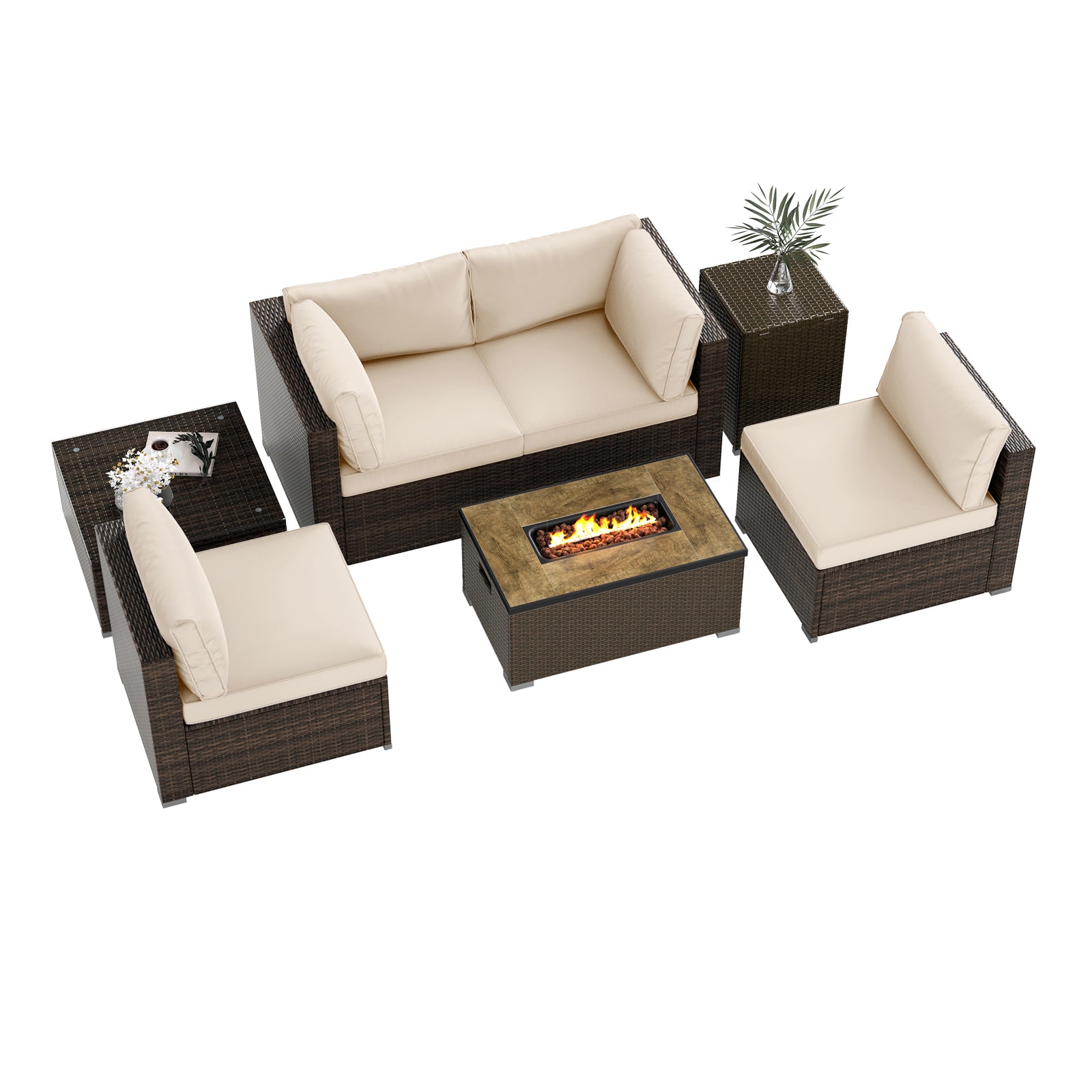 7 Pieces Outdoor Furniture Set with 32 Inch Fire Pit Table and Propane Tank Cover-White