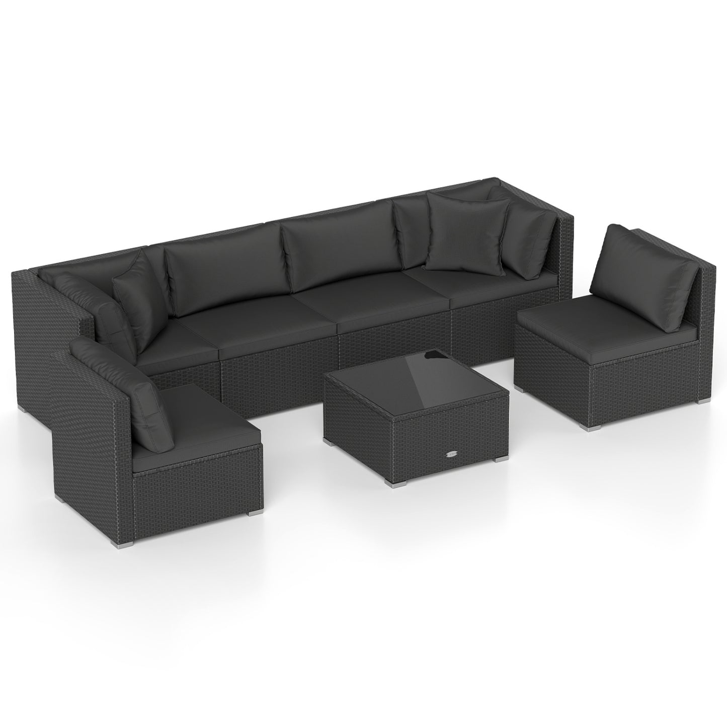 7 Pieces Sectional Wicker Furniture Sofa Set with Tempered Glass Top-Red - Black