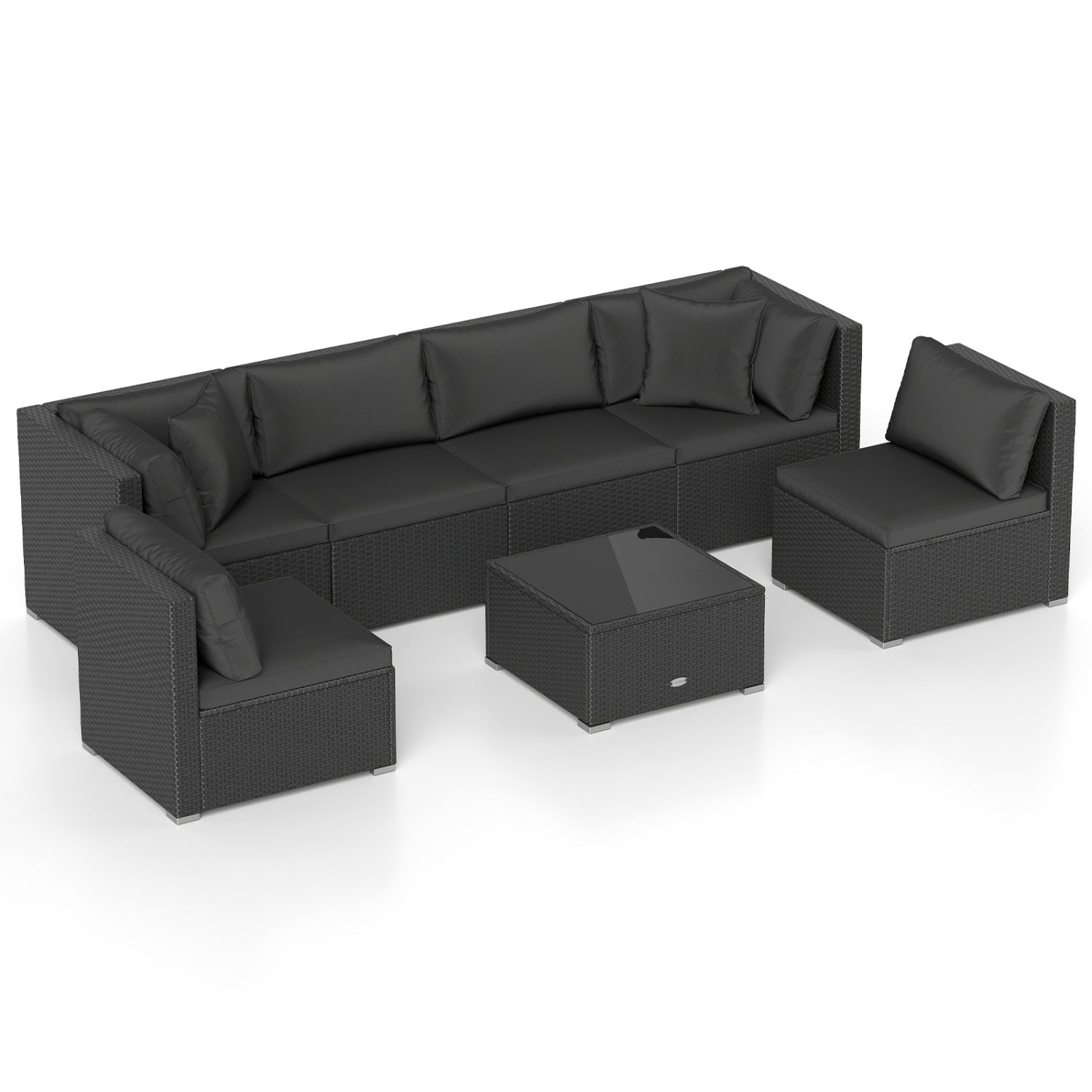 7 Pieces Sectional Wicker Furniture Sofa Set with Tempered Glass Top-Red - Black
