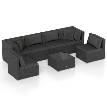 7 Pieces Sectional Wicker Furniture Sofa Set with Tempered Glass Top-Red - Black