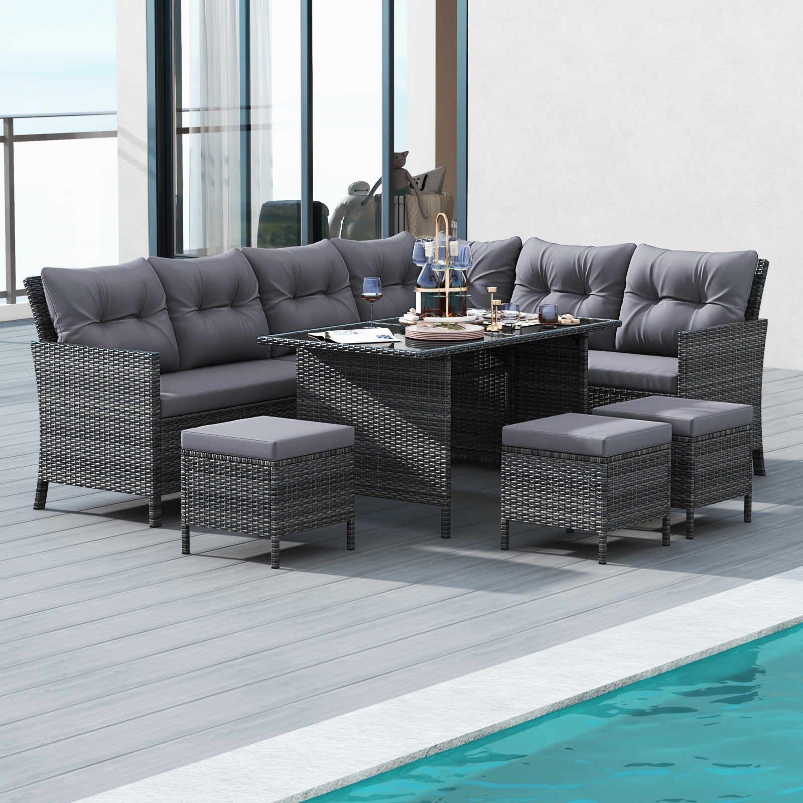 7 Pieces Patio Dining Furniture Set with Soft Cushions and Ottomans-Gray