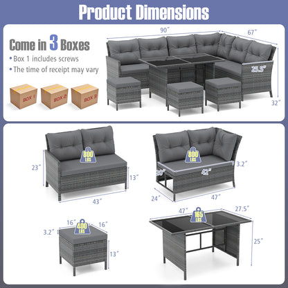 7 Pieces Patio Dining Furniture Set with Soft Cushions and Ottomans-Gray