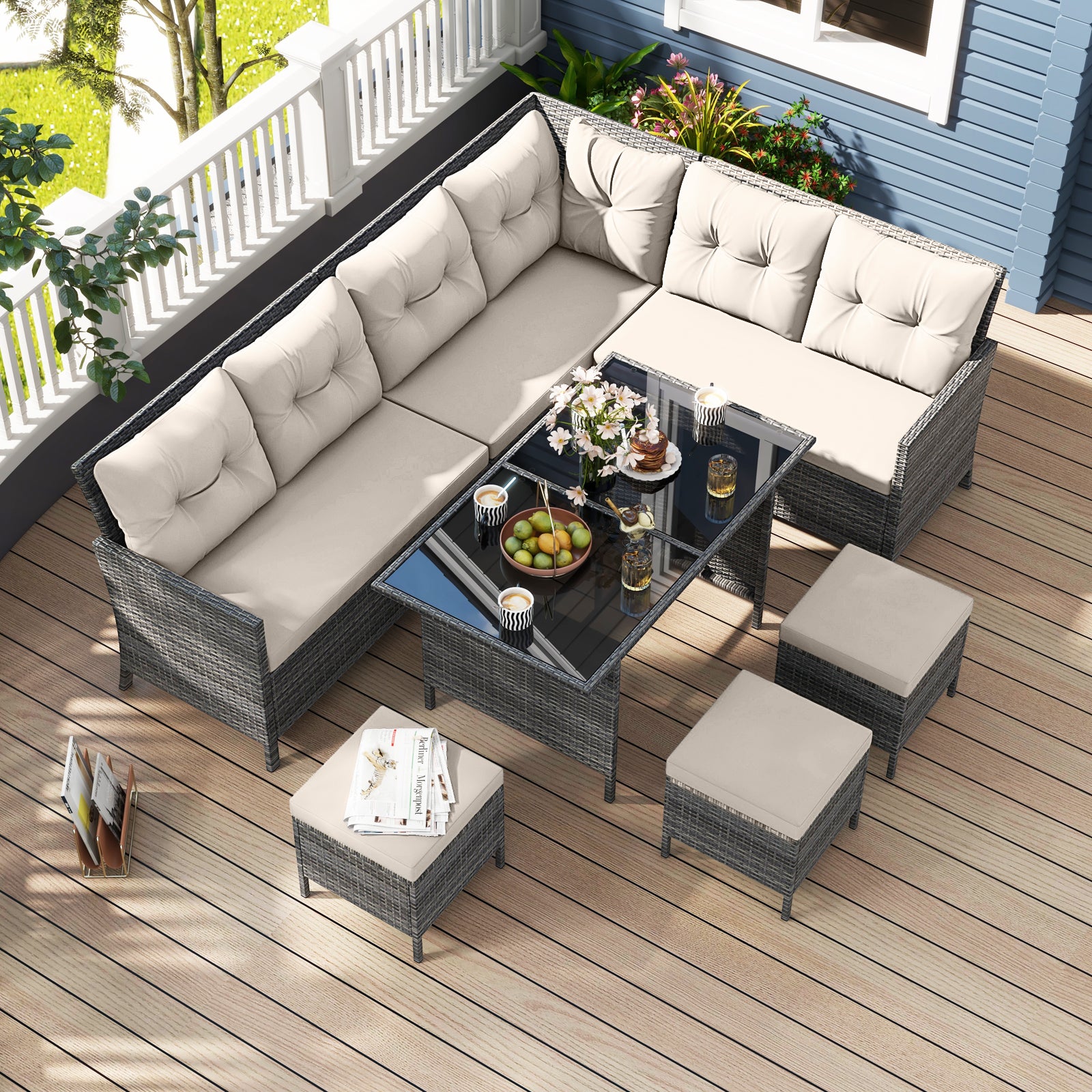 7 Pieces Patio Dining Furniture Set with Soft Cushions and Ottomans-White