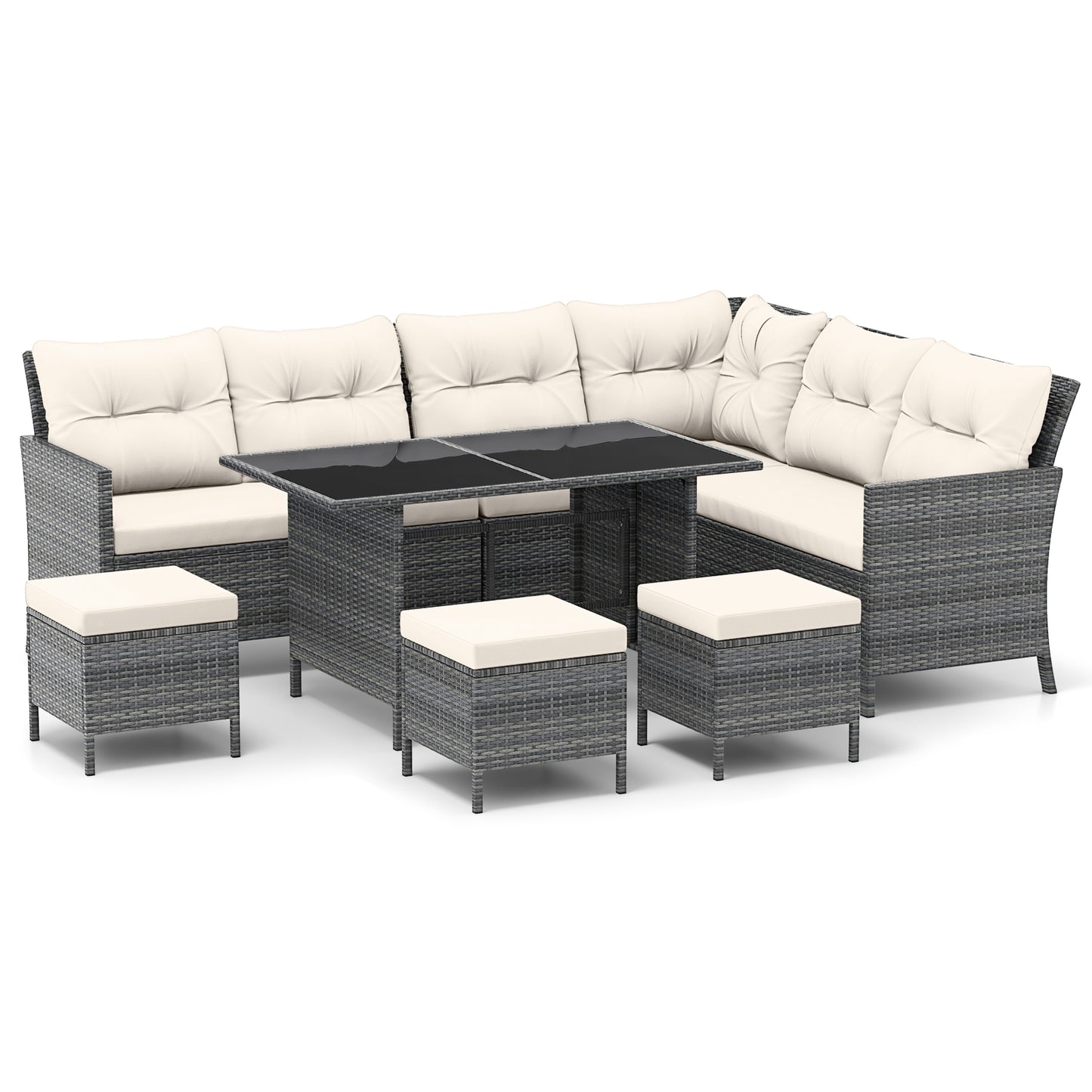 7 Pieces Patio Dining Furniture Set with Soft Cushions and Ottomans-White