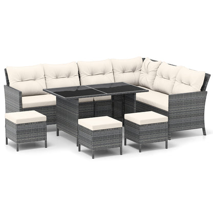 7 Pieces Patio Dining Furniture Set with Soft Cushions and Ottomans-White