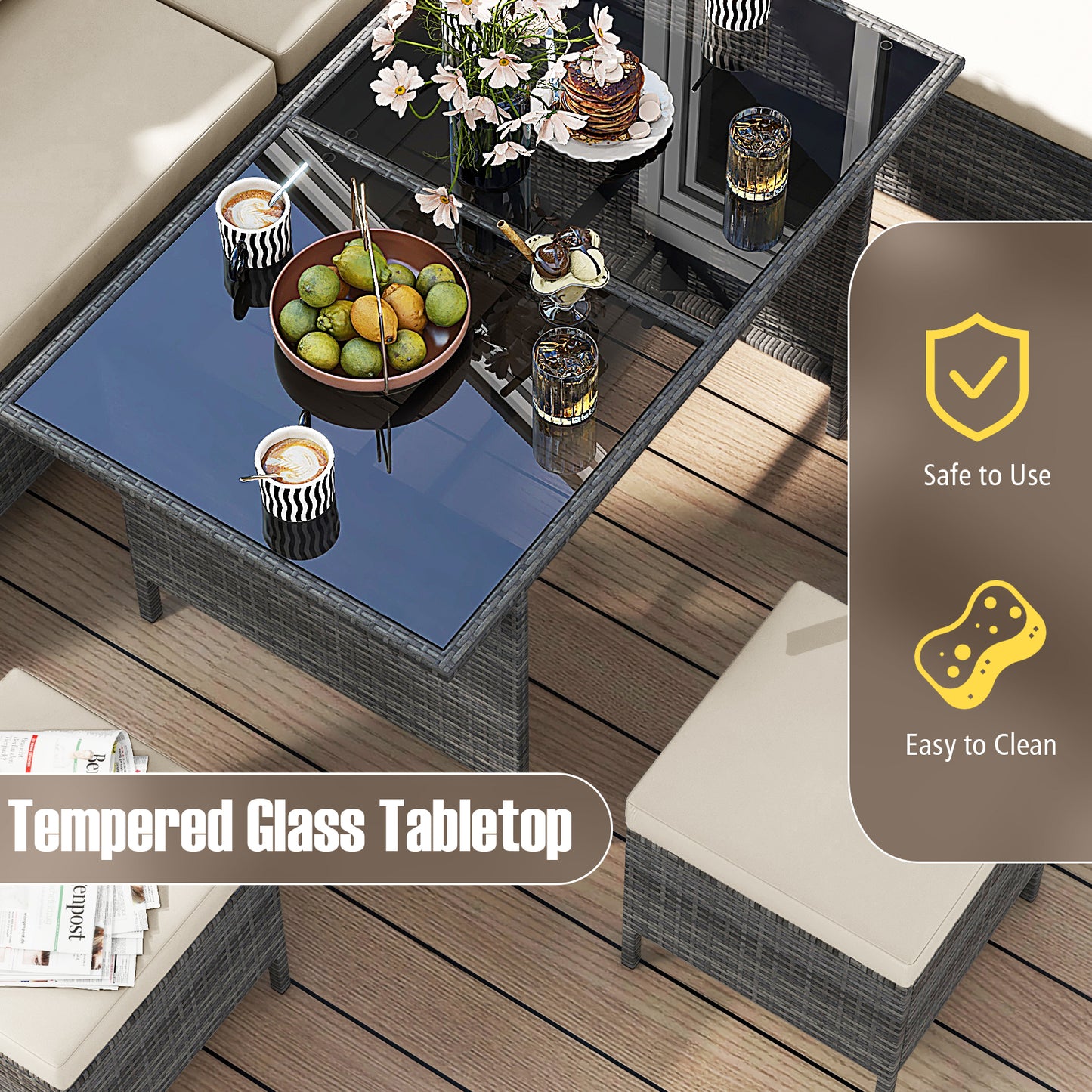 7 Pieces Patio Dining Furniture Set with Soft Cushions and Ottomans-White