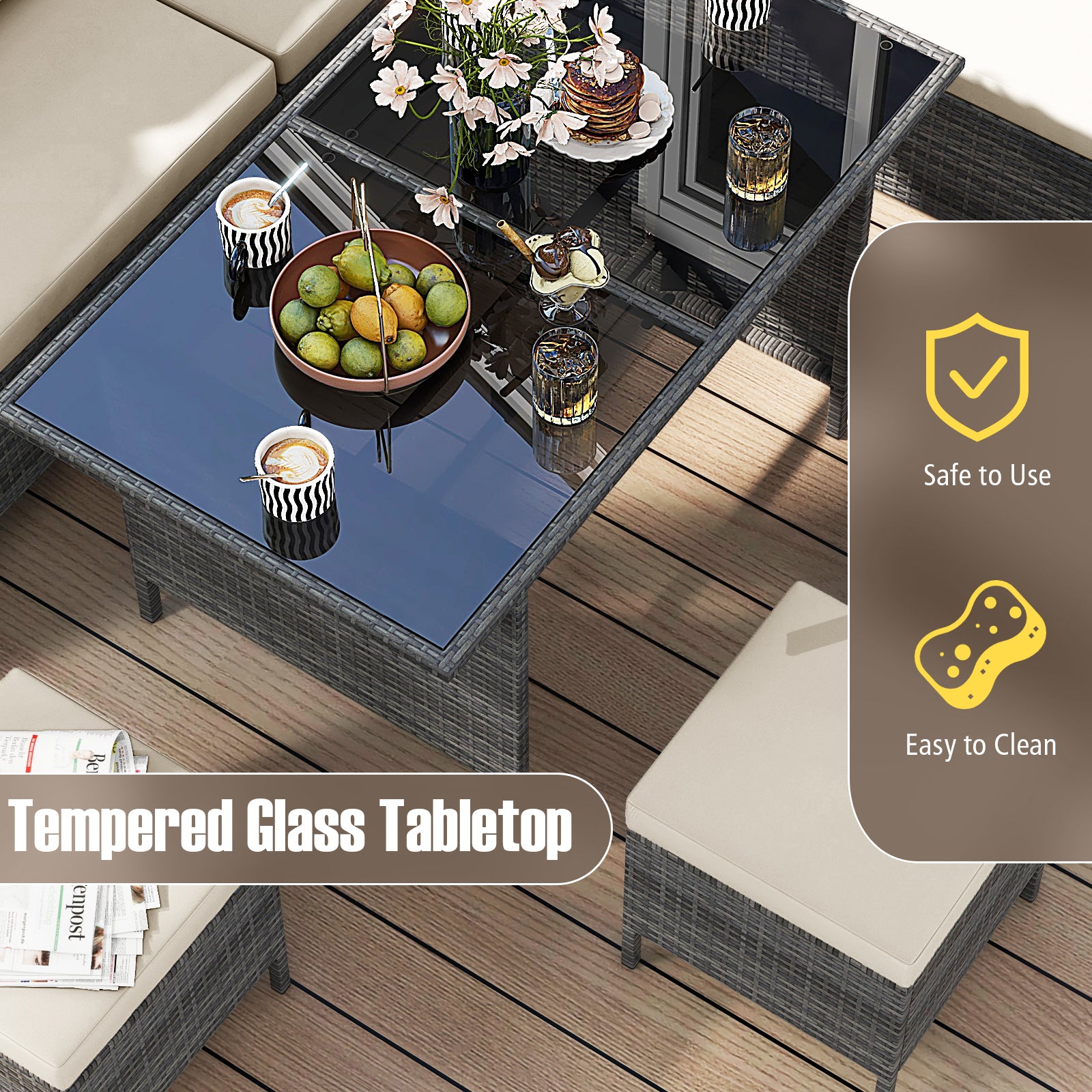 7 Pieces Patio Dining Furniture Set with Soft Cushions and Ottomans-White
