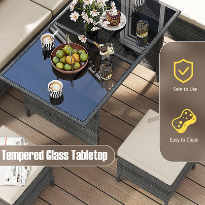 7 Pieces Patio Dining Furniture Set with Soft Cushions and Ottomans-White