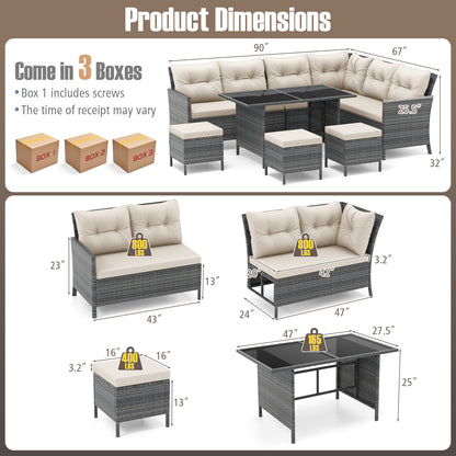 7 Pieces Patio Dining Furniture Set with Soft Cushions and Ottomans-White