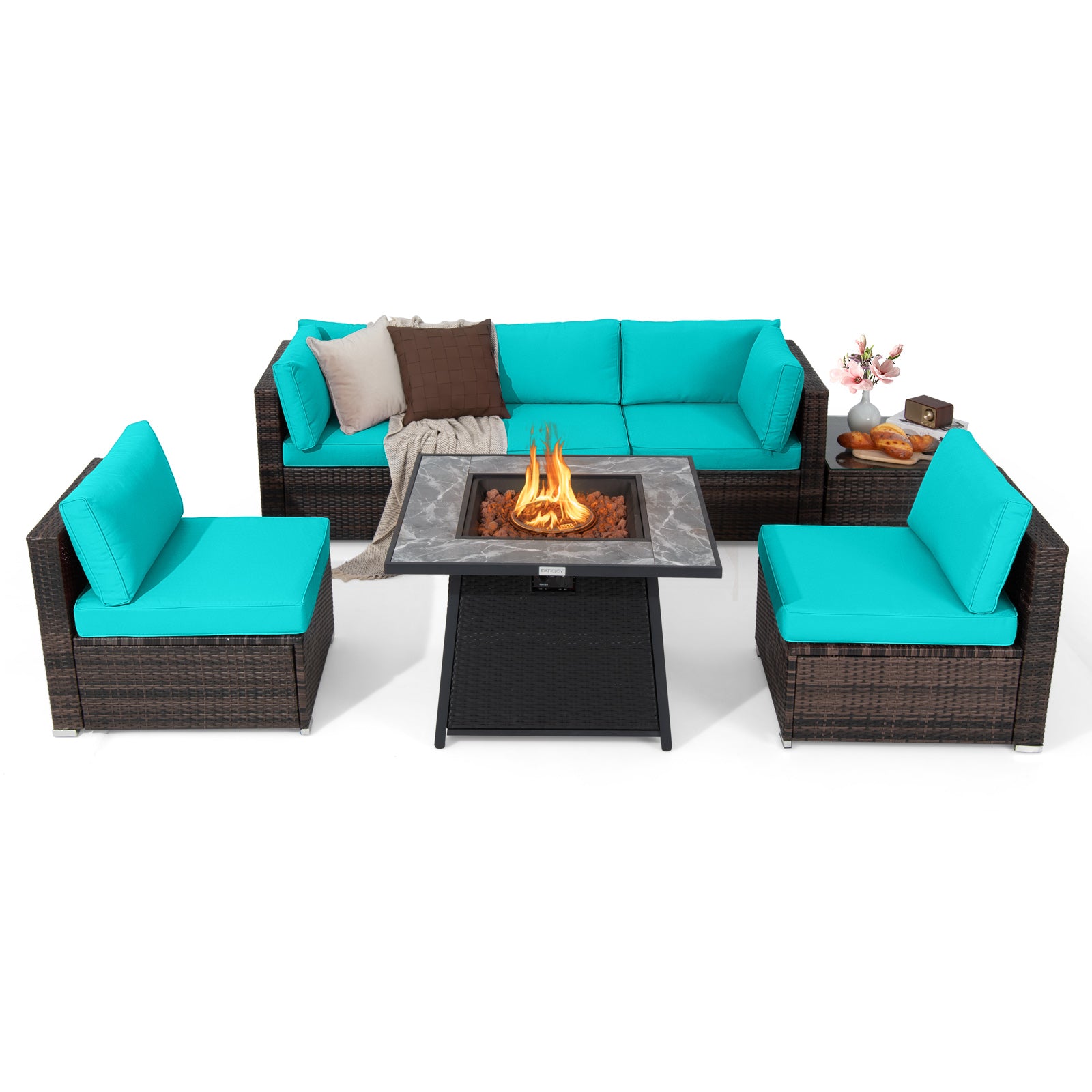 7 Pieces Patio Furniture Set with 35 Inches 50000 BTU Propane Gas Fire Pit Table and Waterproof Cover for Firpit-Beige - Turquoise