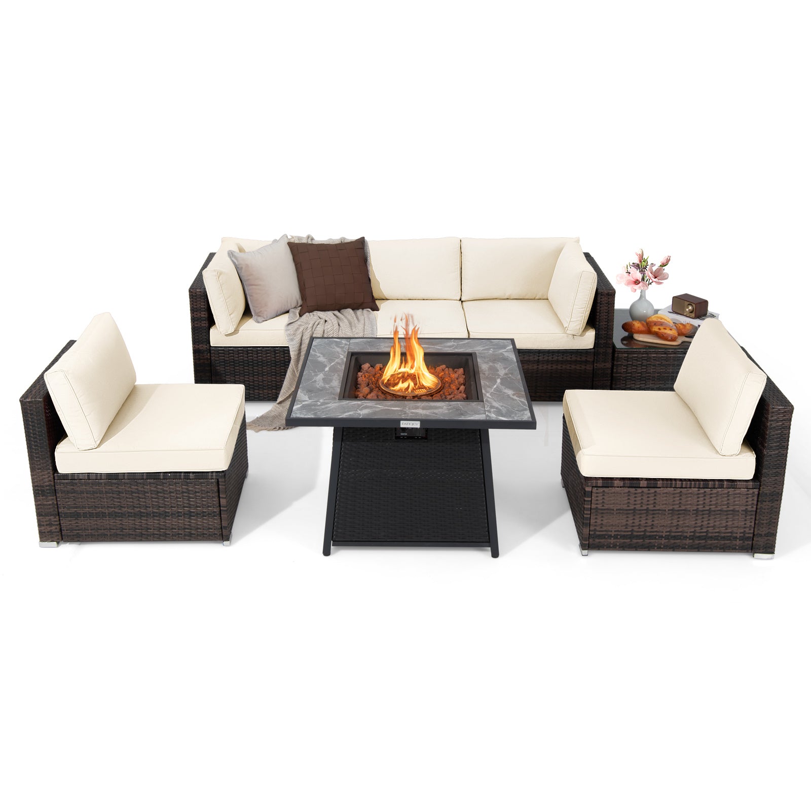 7 Pieces Patio Furniture Set with 35 Inches 50000 BTU Propane Gas Fire Pit Table and Waterproof Cover for Firpit-Beige - White