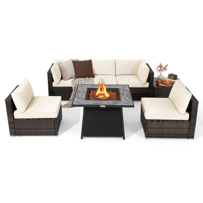 7 Pieces Patio Furniture Set with 35 Inches 50000 BTU Propane Gas Fire Pit Table and Waterproof Cover for Firpit-Beige - White