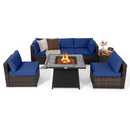 7 Pieces Patio Furniture Set with 35 Inches 50000 BTU Propane Gas Fire Pit Table and Waterproof Cover for Firpit-Beige - Navy