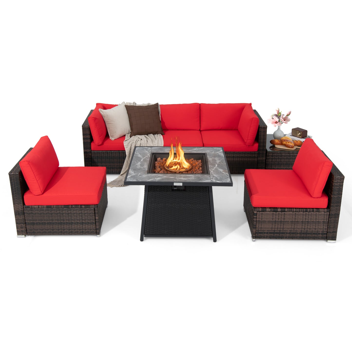 7 Pieces Patio Furniture Set with 35 Inches 50000 BTU Propane Gas Fire Pit Table and Waterproof Cover for Firpit-Beige - Red